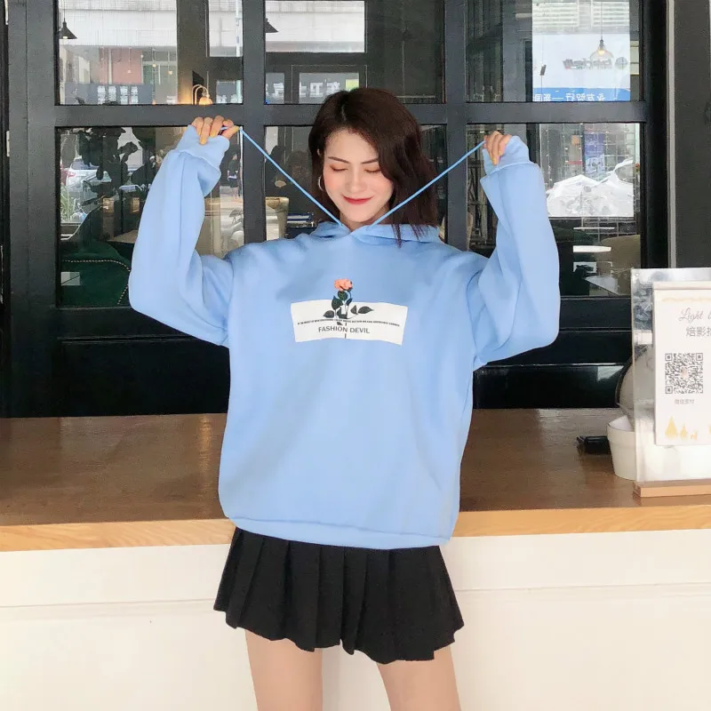 

Hot sale 2019 autumn and winter women's new long-sleeved hood small fresh printed loose casual pullover wild hooded hoodie
