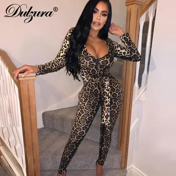 

Dulzura leopard print women jumpsuit bandage bodycon sexy streetwear festival clothing party 2019 autumn winter clubwear outfit