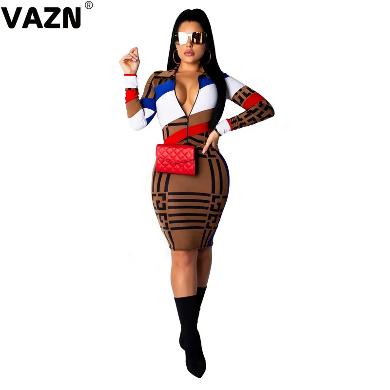 

VAZN GSD19101 Autumn Silm 3colors Print Zippers Casual Dress 2019 New Design Long Sleeve dress Women Dress