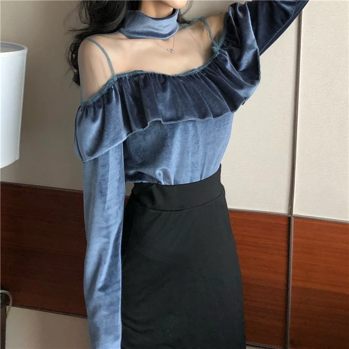 korean clothes off shoulder top patchwork turtleneck ruffles casual style spring autumn moda feminina Women's Clothing new | Женская