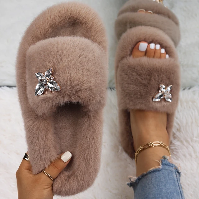 Fluffy Slippers Women Crystal Flower Decor Furry Sandals Elegant Ladies Home Flip Flops Faux Fur Slides Luxury Designer Shoes Khaki5
