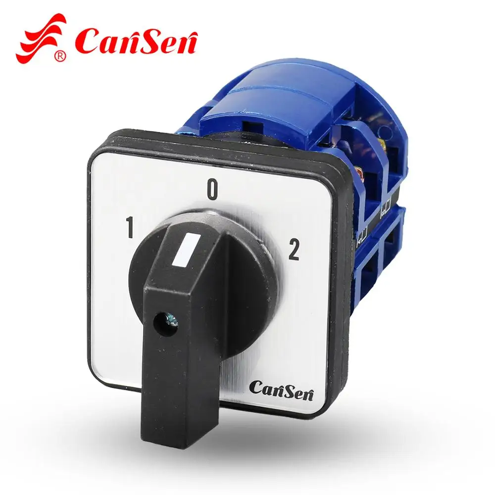 CANSEN LW26-63 CA43 Ith 63A 3 Position Rotary Cam Changeover Switch 1-0-2 2 Poles 8 Terminals 64x64mm Panel Mount