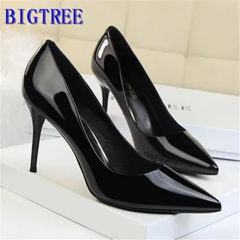 

BIGTREE high heels Women Shoes 2020 office Lady pumps fashion pointed toe patent leather heels 9CM Summer ladies shoe yellow