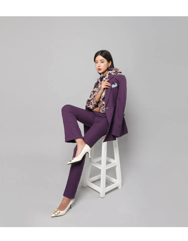 Осень весна корейский фиолетовый приталенный деловой Блейзер+ брюки 2 предмета Комплект женский офисный женский пиджак с фигурным вырезом брюки костюмы