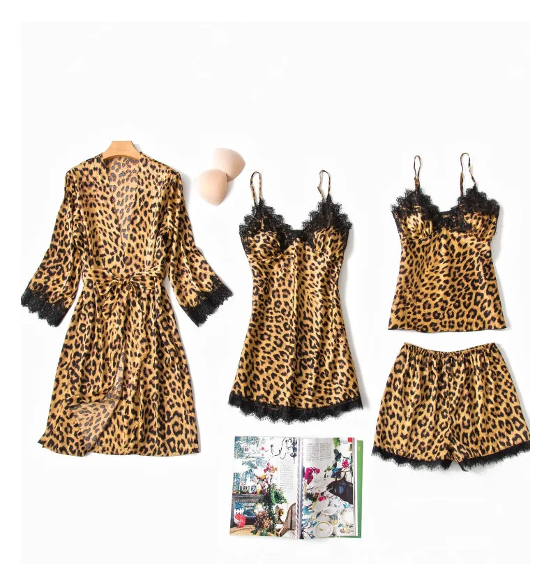 

Herislim Silk Leopard Pajamas For Women Sexy Lace Lingerie 4Pcs Pijamas Sets Summer Ladies' Pyjamas Soft Sleepwear Nightwear