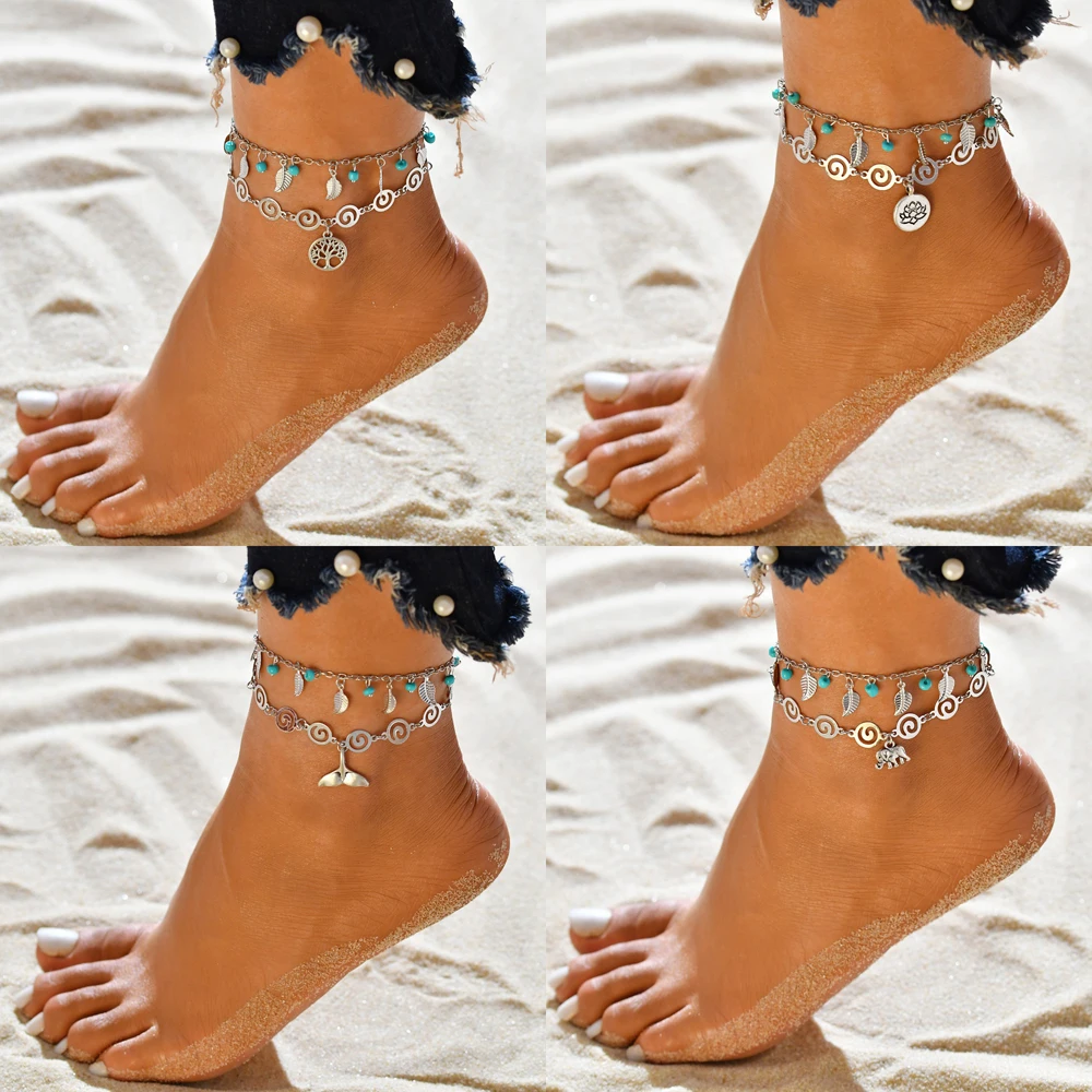 New Elephant, mermaid, Tree of life Pendant Double Anklets for Women Foot Accessories Summer Beach Barefoot Sandals Bracelet New Elephant, mermaid, Tree of life Pendant Double Anklets for Women Foot Accessories Summer Beach Barefoot Sandals Bracelet