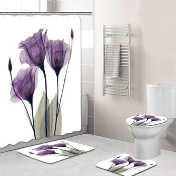 

Different Sizes Flowers Printing Bathroom Shower Curtain with The Same Size 3Pcs Toilet Mat