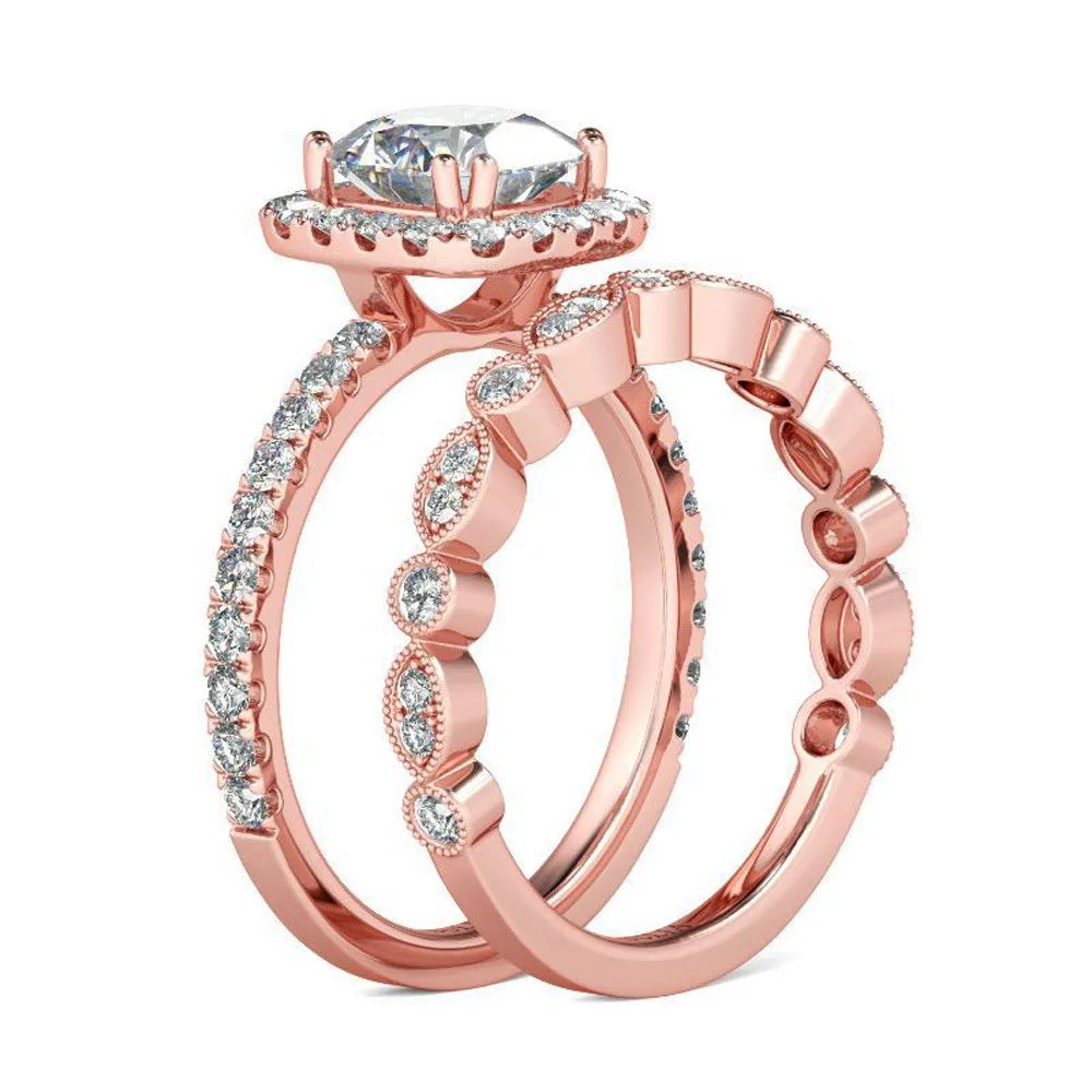 2 в 1 Пара Кольца для любителей Винтаж Мода из блестящего циркония розовое золото кольца Обручение элегантное обручальное кольцо набор