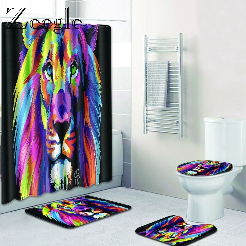 Zeegle Printed Bathroom Mat Set with Shower Curtain Microfiber Pedestal Rug Lid Toilet Cover Waterproof Curtain with Hooks