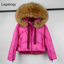  Lagabogy 2022 Top Quality Winter Coat Women Large Raccoon Fur Hooded 90% White Duck Down Thick Parkas Female Snow Puffer Jackets 