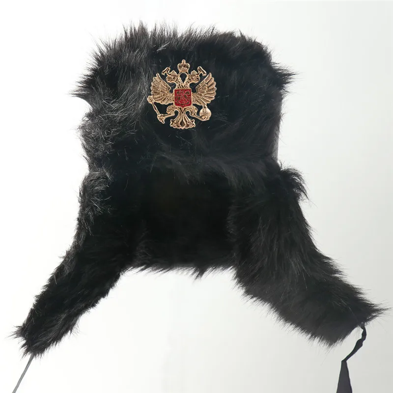 L Fur Eagle Badge Шапки-ушанки советской армии в военном стиле для России, шапки-ушанки, шапки-летчики, зимние шапки из искусственного кроличьего меха, мужские зимние шапки, черная Балаклава - Цвет: L Fur Eagle Badge