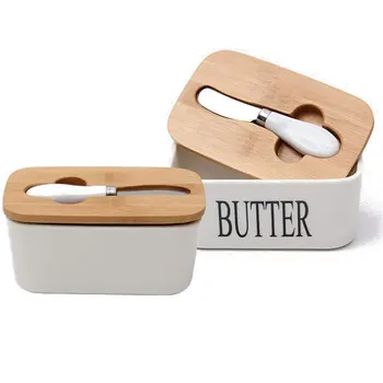 

Newest Arrival Ceramic Butter Container Set Rectangle Butter Sealed Can + Wood Lid + Cutter + Silicone Loop(Pure White/Letter)