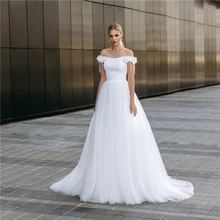 Elegant Ladies Off the Shoulder with 3D Flowers Decoration White Tulle Wedding Dress Simple Gown for Bridesmaid Princesa платье