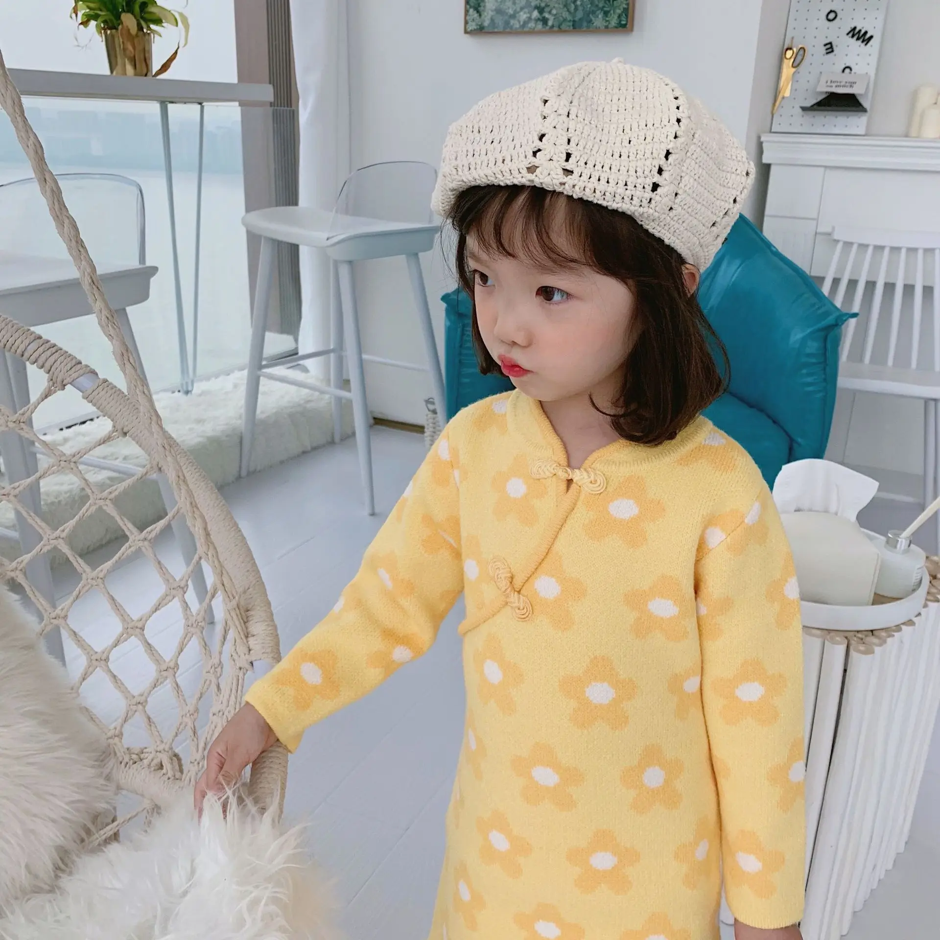 Tonytaoaby/новая зимняя детская одежда для девочек; элегантное вязаное китайское платье Ципао с цветочным узором для девочек; Детские платья для девочек