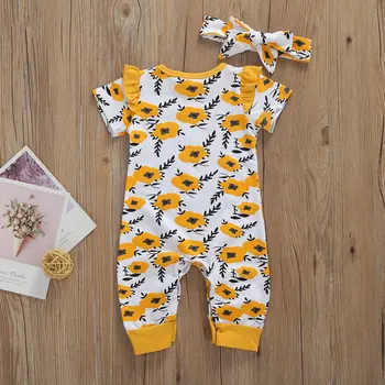 

Summer Newborn Infant Baby Girl Rompers Clothes Short Sleeve Floral Jumpsuit Ruffle Footless Jumpsuit + Bow Headband Set