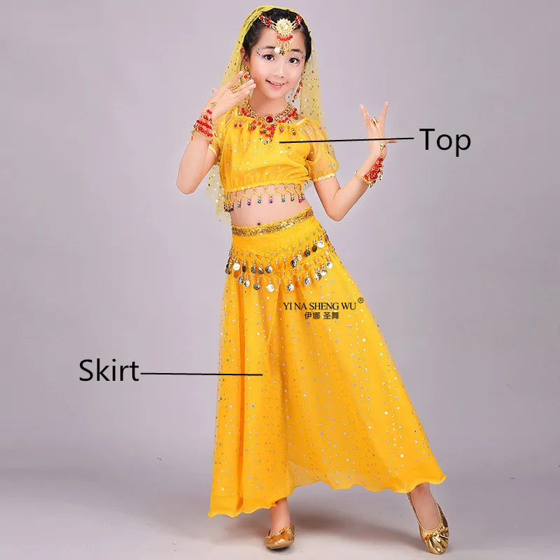 Детский костюм для танца живота для девочек, детские индийские танцевальные костюмы для девочек, детские костюмы для выступлений для девочек, танец живота, Египетский танец - Цвет: Yellow 2pcs