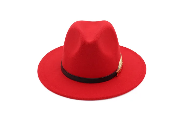 New Fashion Design Women Warm Winter Wool Metal leaf Belt Fedora Cap Wide Brim Cowboy Hat AD0779