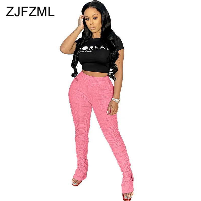 

2020 Fashion Elastic Stacked Sweatpants Jogger Women High Waist Pleated Ruched Leggings Streetwear Solid Female Bell Bottom Pant