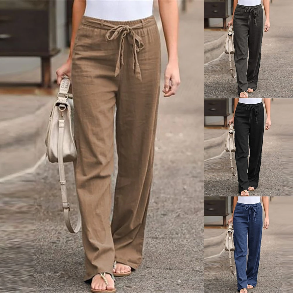 Women Casual Solid Color High Waist Belt Wide Leg Long Straight Pants Trousers