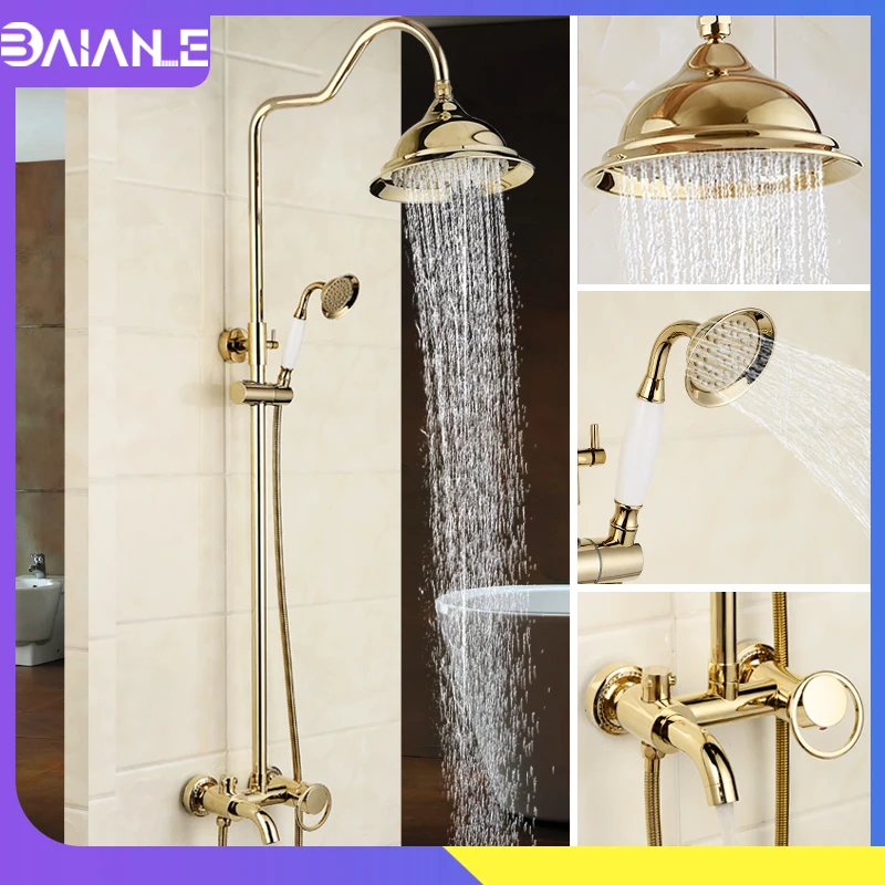 Bathroom Shower Faucets Gold Brass Bathtub Faucet Wall Mounted Hand Held Shower Head Rainfall Bathtub Spout Shower Faucet Sets
