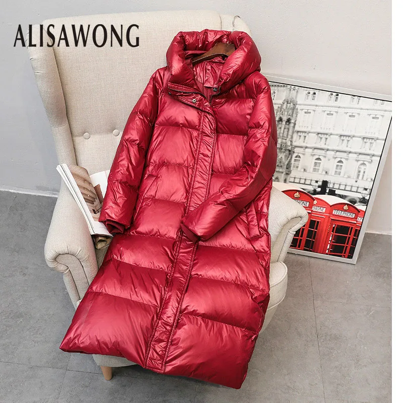 

Winter Thickening Long Down Jacket Womens 2019 Streetwear Fashion New Hooded Female Basic Warm Red Padded Coat Slim Outerwear