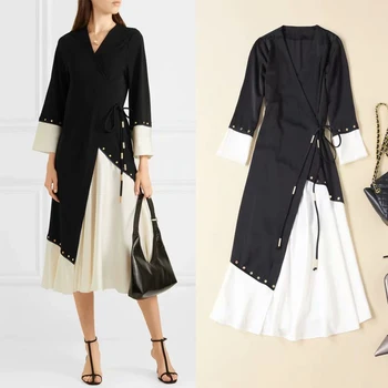 

High-quality 2020 new fashion black and white stitching V-neck wide band loose long-sleeved slim wild woman dress