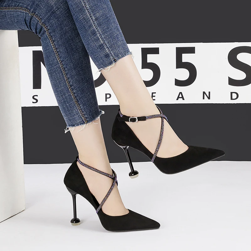 Черные пикантные босоножки на высоком каблуке; zapatos de mujer de moda; ; туфли на шпильке; женские сандалии с пряжками со стразами; № 55