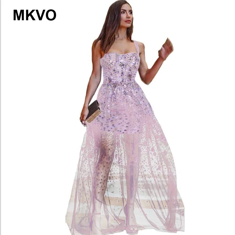 Billige Hohe taille mesh lange kleid farbe pailletten mode spaghetti gurt kleider urlaub partei schwarz rosa elegante maxi kleid vestidos