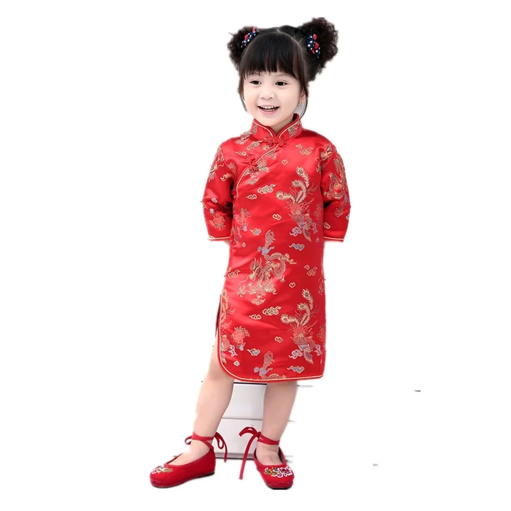 Qipao Three Quarter Baby Girl Summer Dress kid clothes Floral Cheongsams Gift New Year Traditional Chinese Clothing