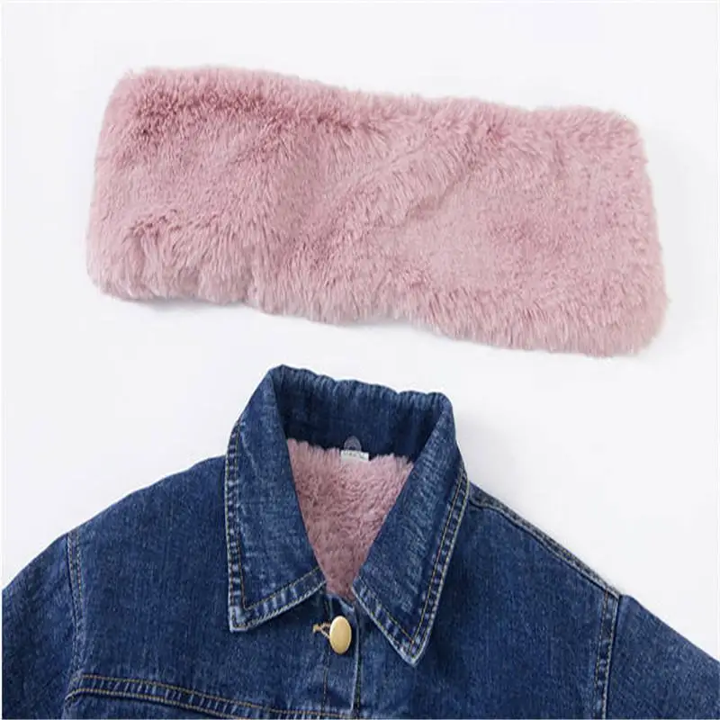 Autumn Winter Children Girls Plus Velvet Jeans Jackets Kids Girls Thick Warm Faux Rabbit Fur Denim Coats Baby Clothing W140
