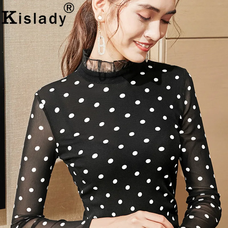 Kislady, женские винтажные Топы в горошек с оборками, сетчатые топы размера плюс, получерепаховая горловина, OL, милая рубашка для осени и зимы, модная XXL