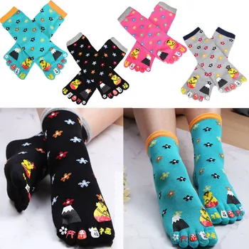 

Women Cute Five Fingers Toe Socks Colorful Floral Cartoon Anime Printing Cotton Breathable Sports Fitness Mid Tube Hosiery