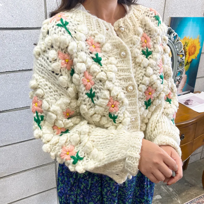 

Autumn retro embroidery pompom cardigan high-end pearl button jacket