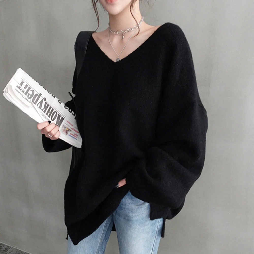 

Korea Autumn Winter Chic Loose Lazy Pullover Length V-neck Sweater Bottoming Long Sleeve Cashmere Sweater Women Simple Pullover