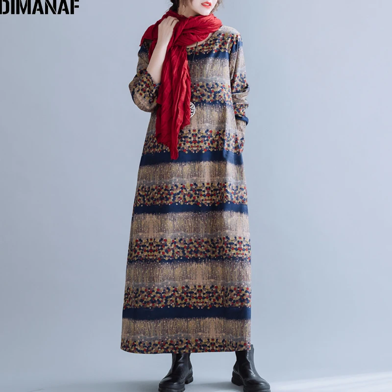DIMANAF, женское платье размера плюс, зима-осень, винтажное, китайский стиль, Vestidos, элегантное, женское, с длинным рукавом, свободное, макси платье