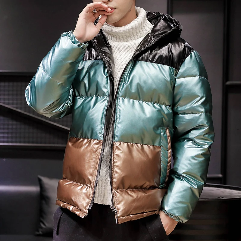 

Winter Jacket Men's Warm Thick Parka Men Fashion Down Jacket Hit Color Hooded Coat Man Loose Windproof Cotton Coat Male Clothes