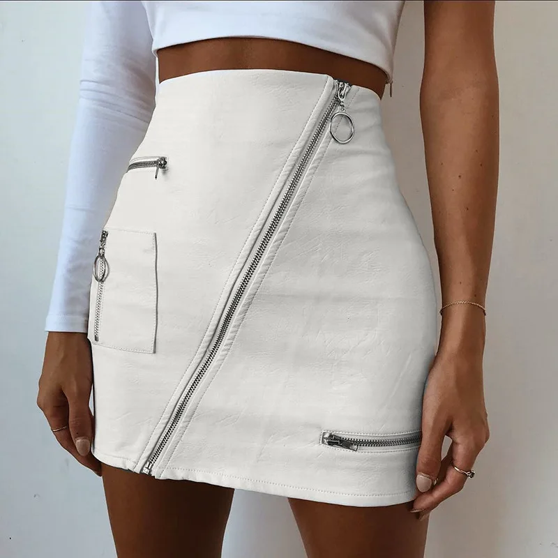 

2020 Popular Punk Skrits Women's A-Line Faux Leather White Mini Skirt Sexy Bodycon Asymmetric Zipper High-waist Skirts