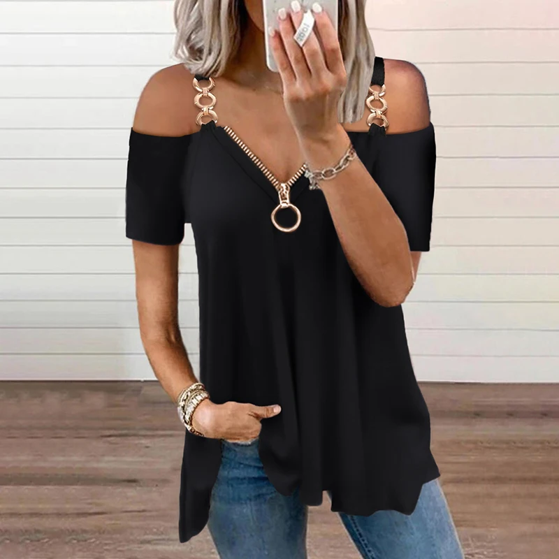 Fashion Chain Cold Shoulder Plain Black 