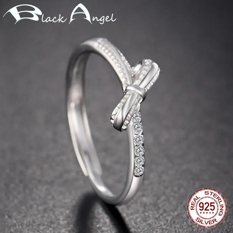 

Authentic 925 Sterling Silver Sweet Bowknot Luxurious CZ Adjustable Rings For Women Fine Jewelry