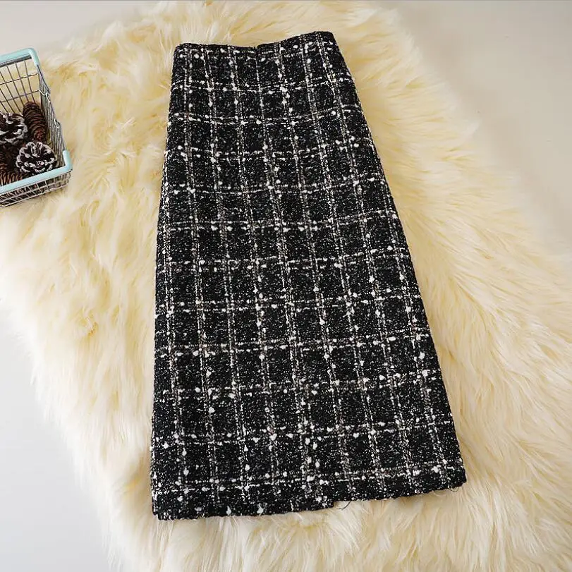 black leather skirt Small Fragrance Tweed Skirt Women 2021 Autumn Winter Slim A-Line Single Breasted Knee Length Woolen Plaid Skirt Plus Size p1067 cute skirts