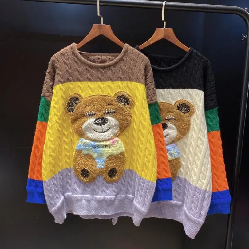 

Autumn Winter Fashion Contrast Color Stitching Beaded Cartoon Bear Sweater Women 2021 Loose Knitted Pullover Sweater w779