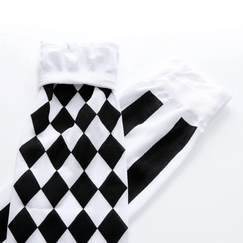 Clown Costume Black White Plaid Knee-High Long Socks Halloween Carnival Party