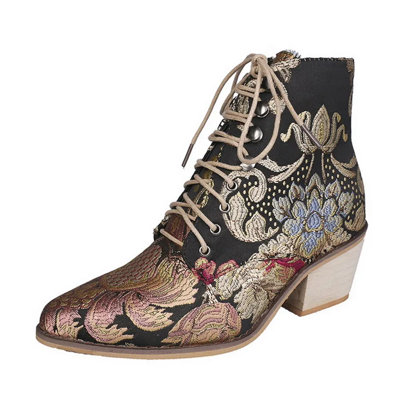 Женские ботинки в стиле ретро; ботильоны с вышивкой в этническом стиле; обувь на плоской подошве с острым носком на шнуровке; теплые ковбойские ботинки; Botas Mujer; Прямая поставка