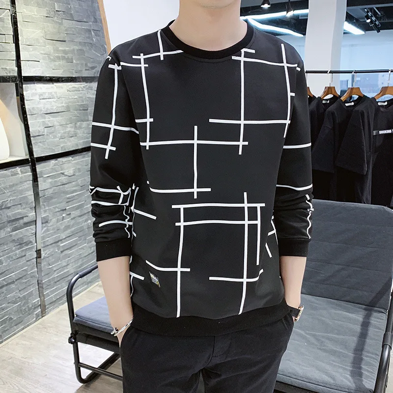 Spring And Autumn Korean-style Men's Cool Printed Long-Sleeve T-shirt Student Handsome Hoodie O Neck Crew Pullover To |