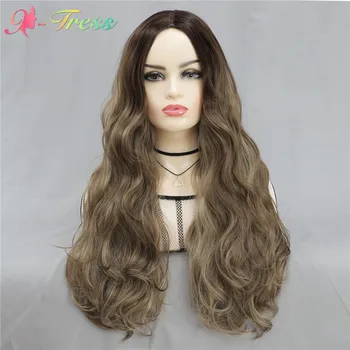 

X-TRESS Brown Colored Long Body Wave Wigs For Black Women Machine Made Synthetic 26inch Wigs Heat Resisant Cosplay Wigs