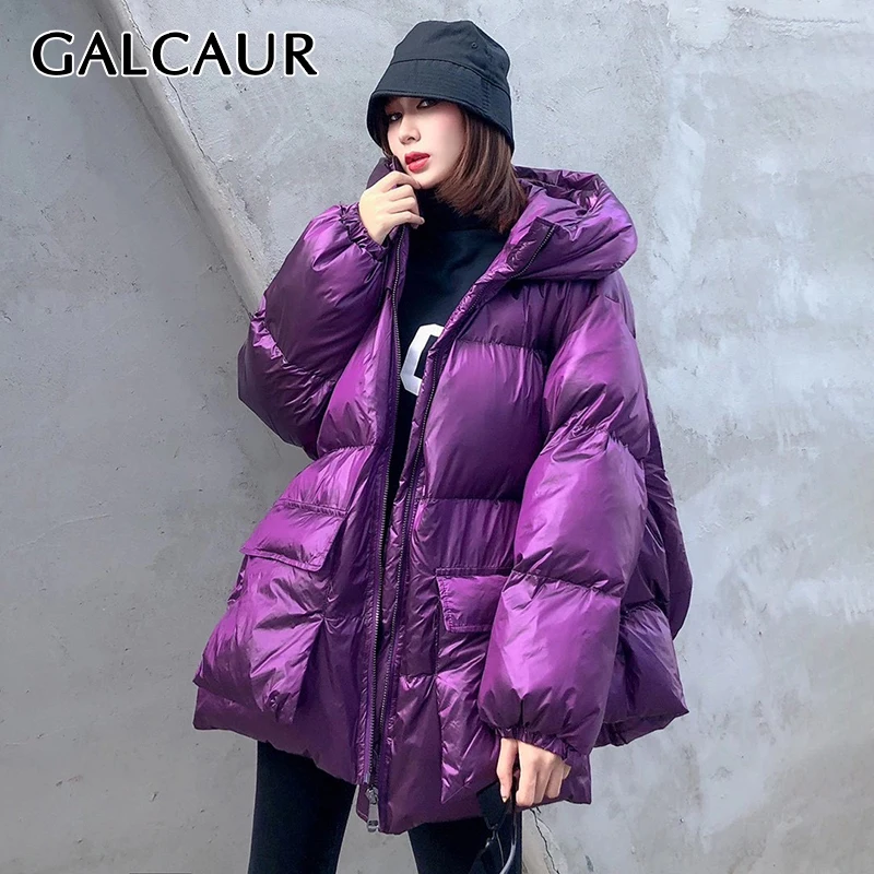 

GALCAUR Oversized Cotton Coat For Women Hooded Collar Long Sleeve Patchwork Pockets Loose High Street Coats Female 2020 Clothing