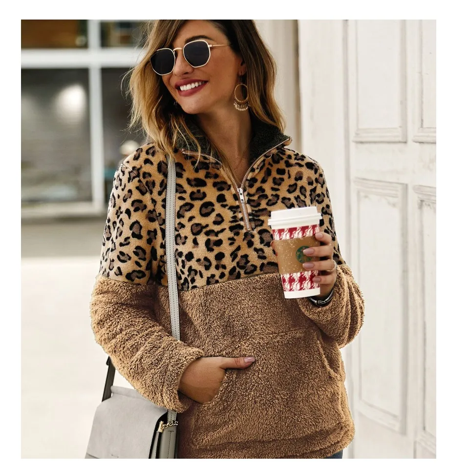 Женский зимний Леопардовый лоскутный свитер с мехом, Женский Повседневный пуловер на молнии с высоким воротником, женская теплая флисовая толстовка с капюшоном и карманами