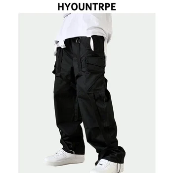 

Men Cargo Pants Hip Hop Straight Pant Casual Elastic Waist Drawstring Loose Fit Military Trousers Side Pockets Streetwear Pants