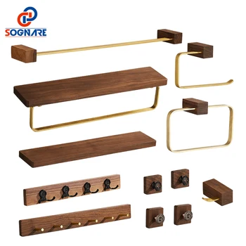 

SOGNARE Solid Wood Clothes Hanger Storage Rack Wall Hanging Towel Paper Holder Black walnut Corner Shelf Bathroom Accessories
