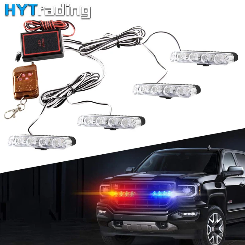 4 x 4 LED Blue Red 16 LED Car Police lights Vehicle Dash Deck Grille Strobe Warning Lights With Remote Control For Car Truck